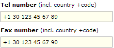 Tel and Fax with international dialing code