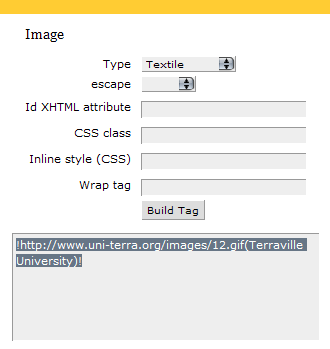 Image - 'textile' build tag dialog box